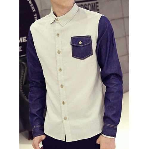 Turn-Down Collar Color Block Denim Splicing Long Sleeve Men's Shirt - Off-white L