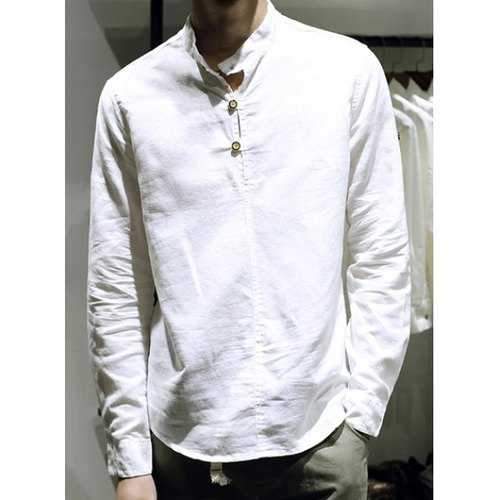 Stand Collar Single Breasted Long Sleeve Men's Shirt - White 4xl