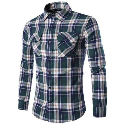 Double Flap Pocket Letters Number Pattern Shirt Collar Long Sleeves Plaid Shirt For Men - Green 2xl