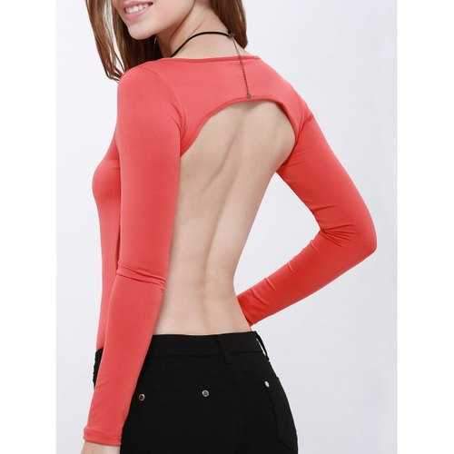 Sexy Scoop Neck Long Sleeve Hollow Back Women's Bodysuit - Red M