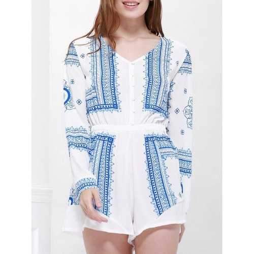 Long Sleeve Printed Buttoned Playsuit - Blue And White Xl