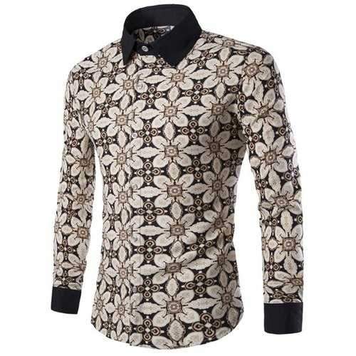 Fashion Shirt Collar Color Block Floral Print Long Sleeves Slimming Shirt For Men - Yellow Xl