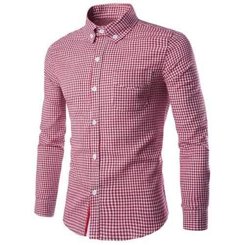 Slimming Braid Spliced One Pocket Shirt Collar Long Sleeves Plaid Shirt For Men - Red M