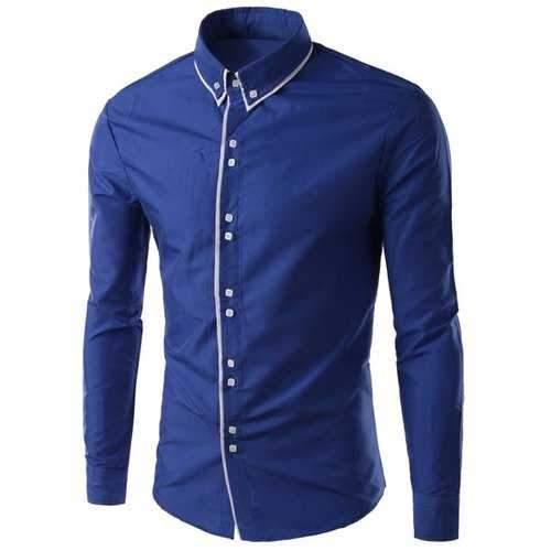 Multi-Button Top Fly Solid Color Slimming Shirt Collar Long Sleeves Button-Down Shirt For Men - Sapphire Blue M