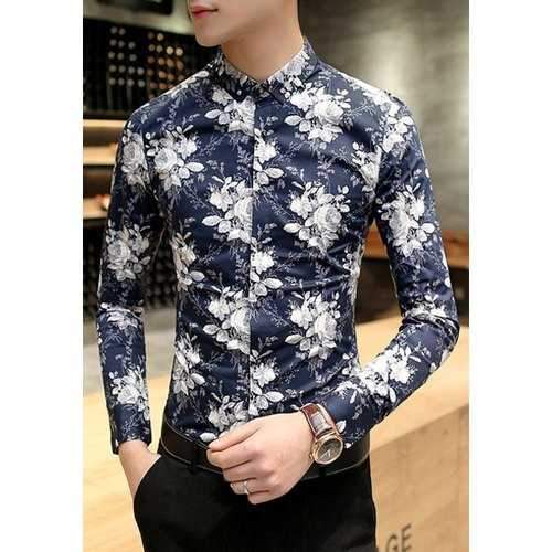 Slimming Vogue Full Floral Print Long Sleeves Pin Collar Shirt For Men - Deep Blue L