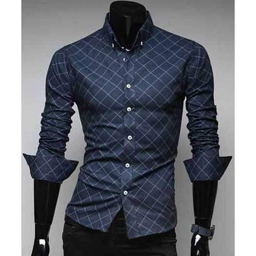 Casual Turn Down Collar Plaid Long Sleeve Shirt For Men - Blue 2xl