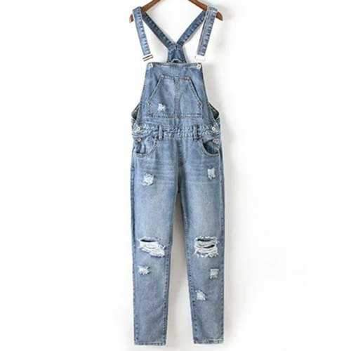 Fashion Bleach Wash Ripped Women's Denim Overalls - Blue M