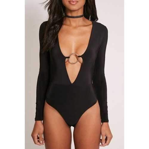 Plunge Skinny Long Sleeve Bodysuit - Black M