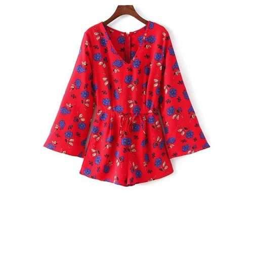 Trendy V-Neck Long Sleeve Floral Print Drawstring Design Women's Playsuit - Red M