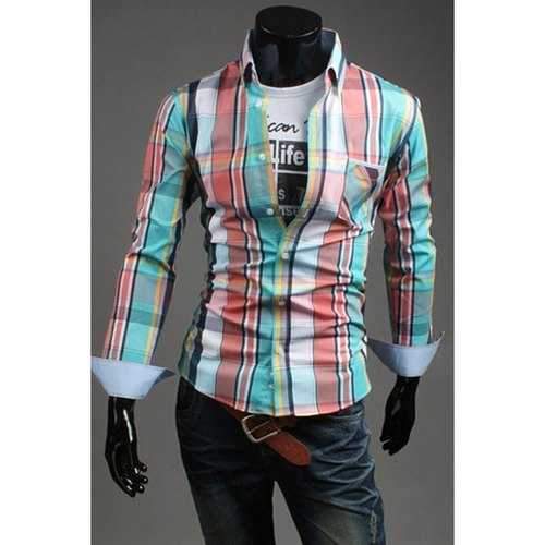 Men's Slim Fit Turn Down Collar Plaid Single Breasted Long Sleeves Shirt - Blue L