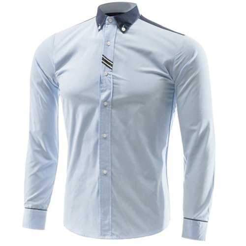 Men's Slim Fit Turn Down Collar Color Block Long Sleeves Shirt - Light Blue M