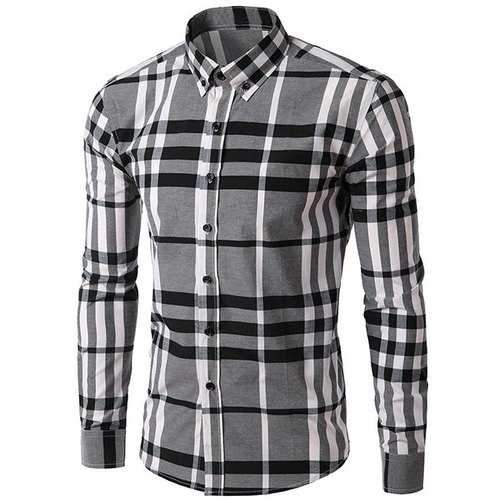 Men's Slimming Long Sleeves Plaid Turn Down Collar Shirt - Gray M