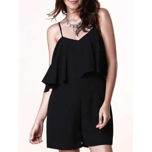 Fashion Spaghetti Strap Flouncing Women's Solid Color Romper - Black L