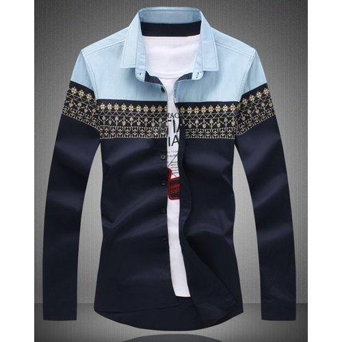 Ethnic Print Splicing Turn-Down Collar Slimming Long Sleeve Shirt For Men - Cadetblue 2xl