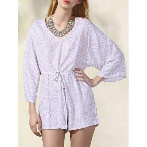 Stylish V-Neck Batwing Sleeve Printed Drawstring Romper For Women - Apricot M