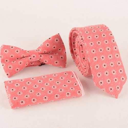 One Set Daisy Jacquard Watermelon Red Tie Handkercheif and Bow Tie - Watermelon Red