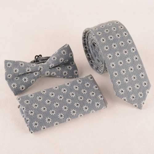 One Set Daisy Jacquard Gray Tie Handkercheif and Bow Tie - Gray