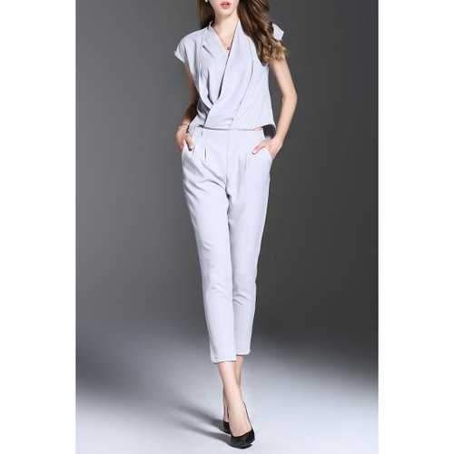 V Neck Solid Color Convertible Jumpsuit - Light Gray S