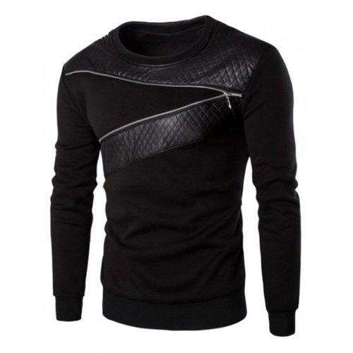 PU Leather Panel Zipper Design Sweatshirt - Black 3xl