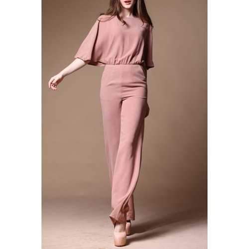 Elegant Dolman Sleeve Palazzo Jumpsuit - Pinkbeige S