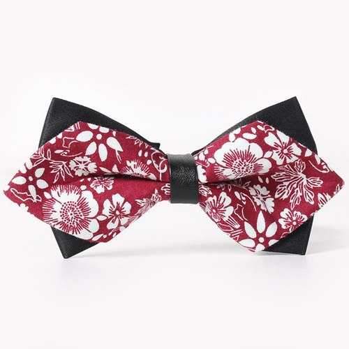 Stylish White Floral Pattern Faux Leather Cuff Double-Deck Bow Tie For Men - Red