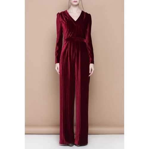V Neck Velour Solid Color Jumpsuit - Wine Red S