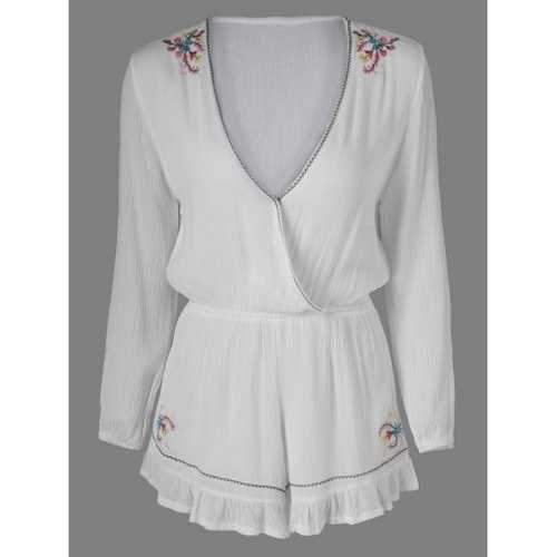 Sweet Embroidered Plunging Neck Long Sleeves Romper For Women - White One Size(fit Size Xs To M)
