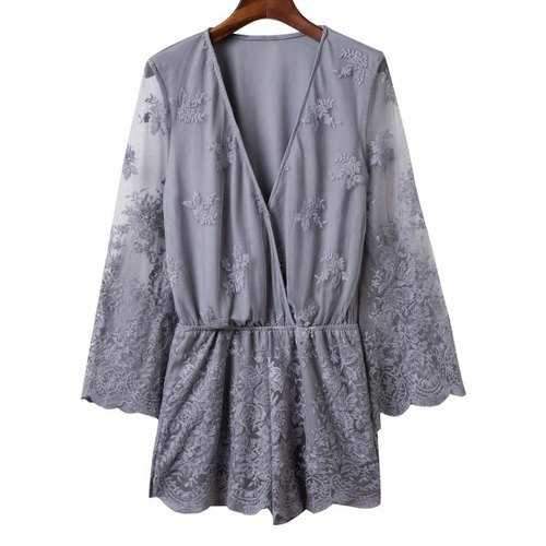 Stylish Plunging Neck Flare Sleeve Embroidered Voile Spliced Women's Romper - Gray M
