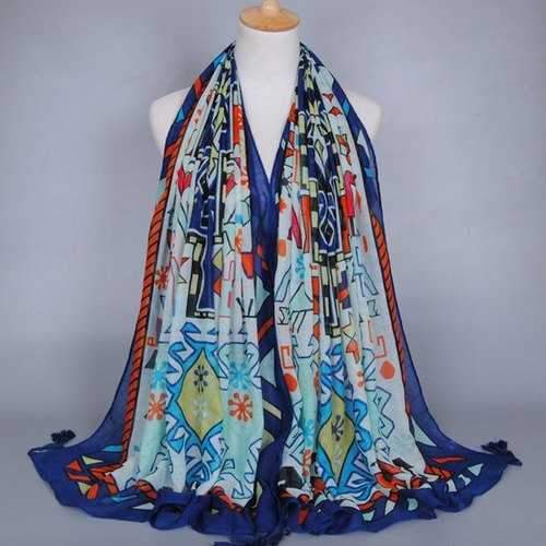 Chic Indian Geometry Pattern Tassel Voile Scarf - Blue