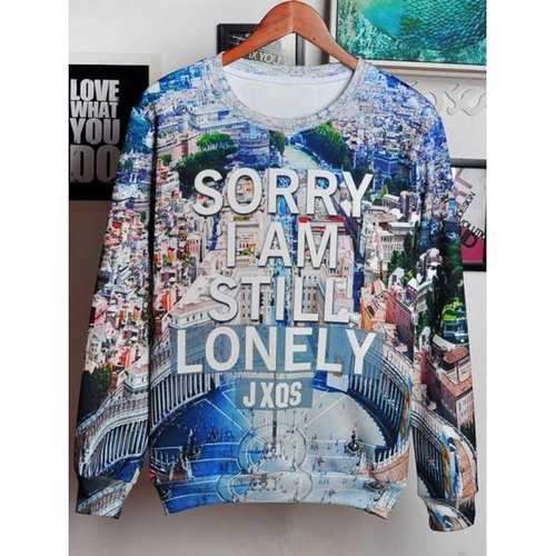 3D City and Letters Print Round Neck Long Sleeve Sweatshirt For Men - S
