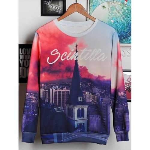 3D Bell Tower and Letters Print Round Neck Long Sleeve Sweatshirt For Men - Xl