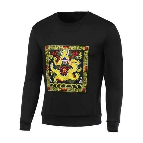 Dragon Embroidered Round Neck Long Sleeve Sweatshirt For Men - Black M