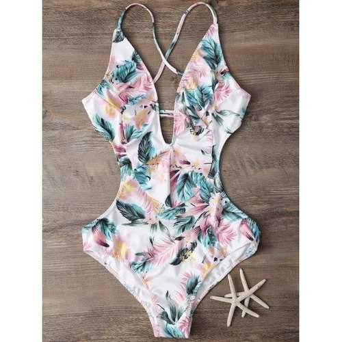 Plunging Neck Floral Print Bodysuit - M
