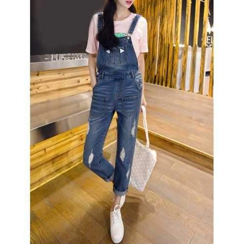 Broken Hole Pocket Design Overalls - Denim Blue S