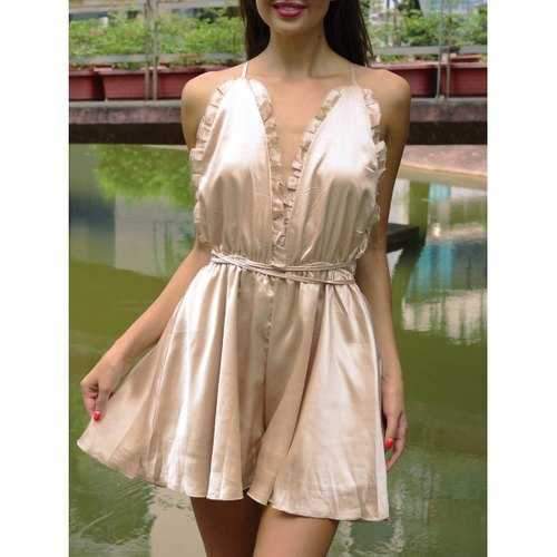 Chic Spaghetti Strap Backless Romper - Champagne Gold S