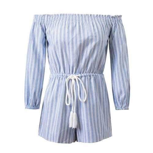 Striped Drawstring Off-The-Shoulder Romper - Light Blue M