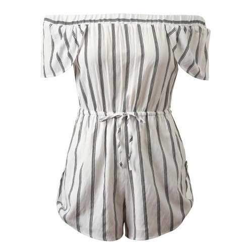 Off-The-Shoulder Cap Sleeves Striped Romper - White S