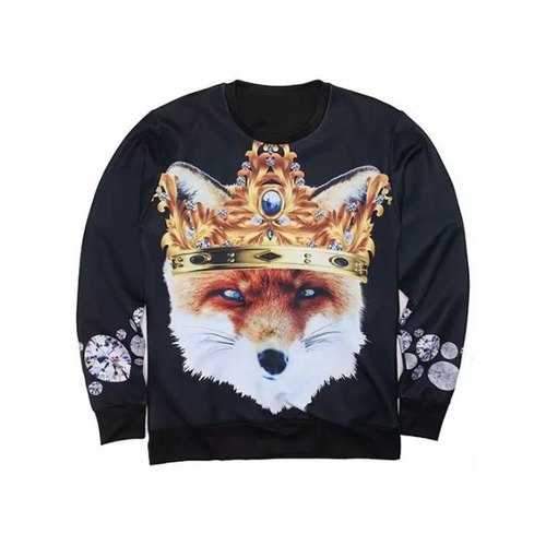 Round Neck 3D Rhinestone Crown and Fox Muscle Print Long Sleeve Sweatshirt - Black L