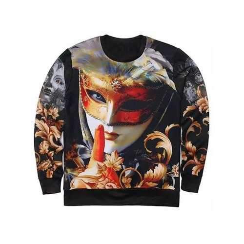 Round Neck 3D Floral and Mask Lady Print Long Sleeve Sweatshirt - Black M