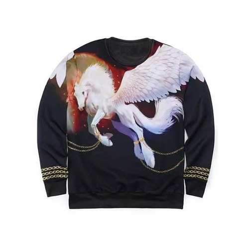 Round Neck 3D Golden Chain and Pegasus Print Long Sleeve Sweatshirt - Black M