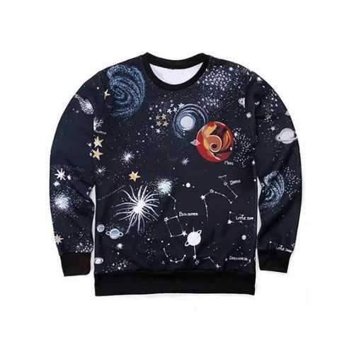 Round Neck 3D Outer Space Print Long Sleeve Sweatshirt - Black Xl