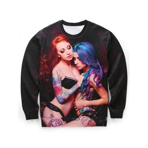 Round Neck 3D Tattoo Girls Print Long Sleeve Sweatshirt - Black S