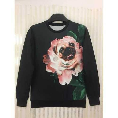 Round Neck 3D Funny Dog in Flower Print Long Sleeve Sweatshirt - Black M