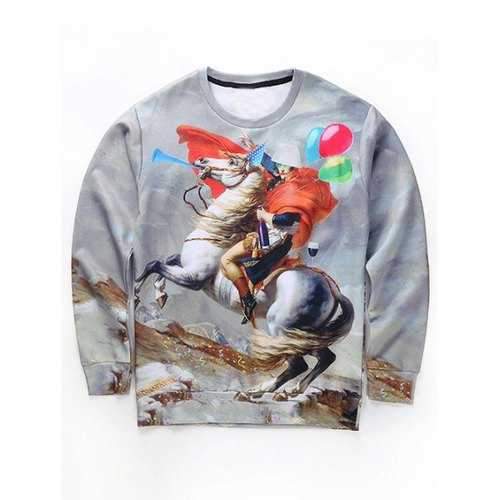 Round Neck 3D Funny Napoleon Print Long Sleeve Sweatshirt - Gray L
