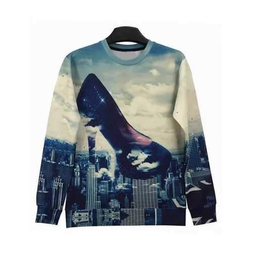 Round Neck 3D Abstract High-Heeled Shoes and City Print Long Sleeve Sweatshirt - S