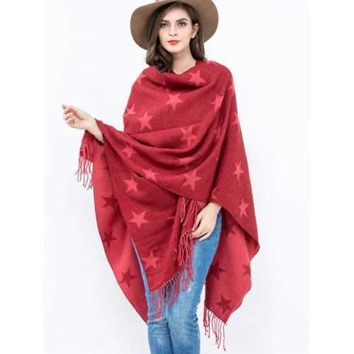 Casual Five-Pointed Star Pattern Tassel Edge Shawl Pashmina - Red