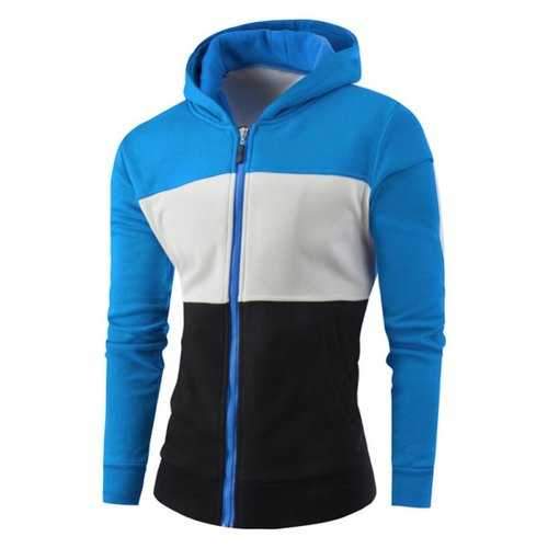 Zipper-Up Color Block Striped Hoodie - Blue M