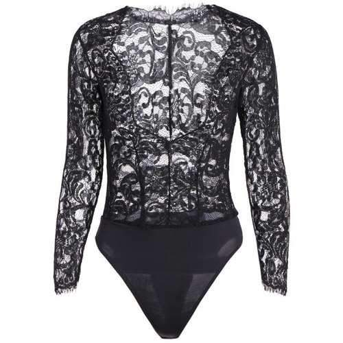 Long Sleeves Plunging Neck Sheer Lace Bodysuit - Black L