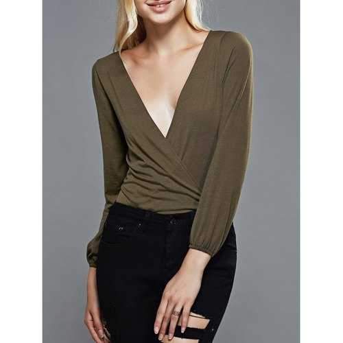 Long Sleeves Slimming Surplice Romper - Army Green L