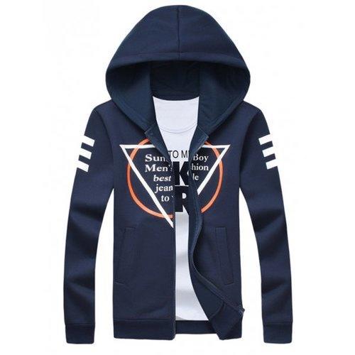 Inverted Triangle Print Long Sleeve Zip Up Hoodie - Cadetblue 5xl